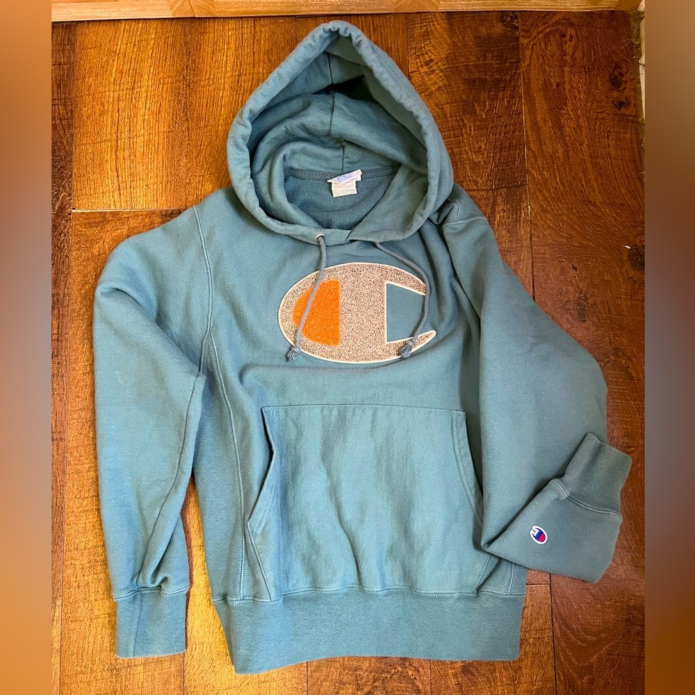 Champion Reverse Weave pullover graphic hoodie vintage teal color